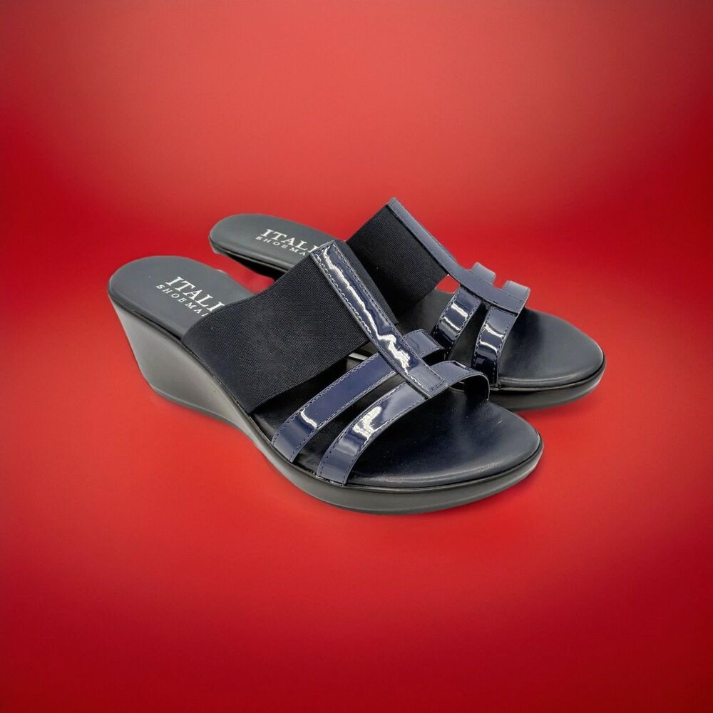 Italian Shoemakers Sadey Navy Patent Gloss Slip-On Wedge Heel Open Toe 9.5